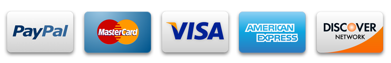 Logos for payment methods: PayPal, Mastercard, Visa, American Express, Discover.