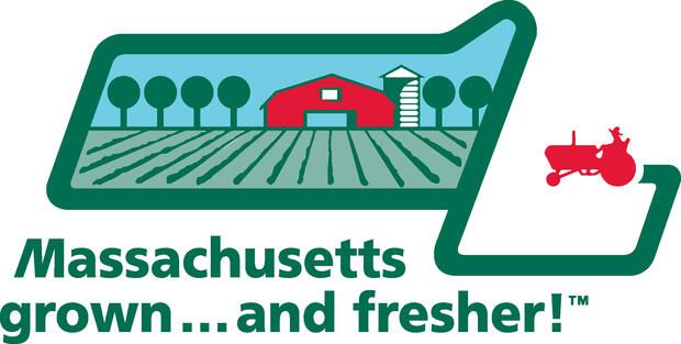 Massachusetts grown logo: Red barn, silo, tractor, and field in a teal-green frame; text 
