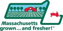 Massachusetts grown logo: Red barn, silo, tractor, and field in a teal-green frame; text