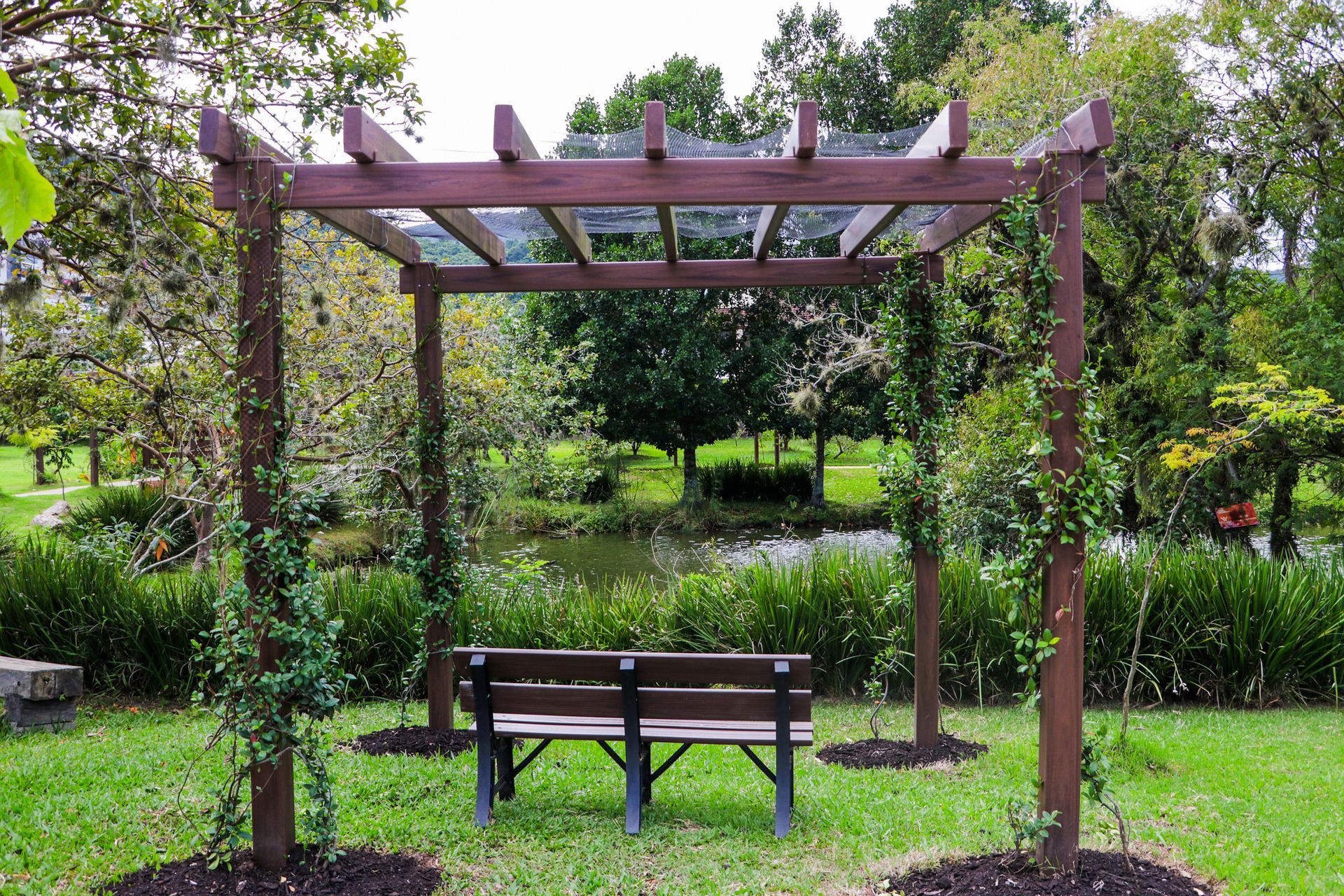 Pérgola de madeira com banco em um parque; trepadeiras crescem nos postes, com vista para um lago.