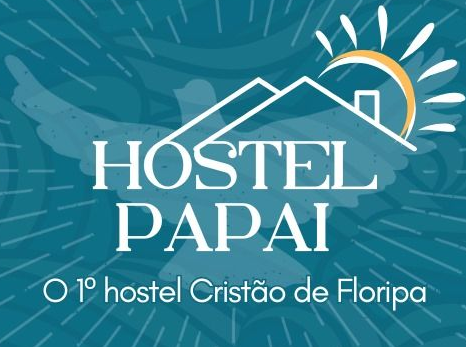 Logotipo do Hostel Papai, um albergue cristão em Floripa, com uma pomba, uma casa e um sol.