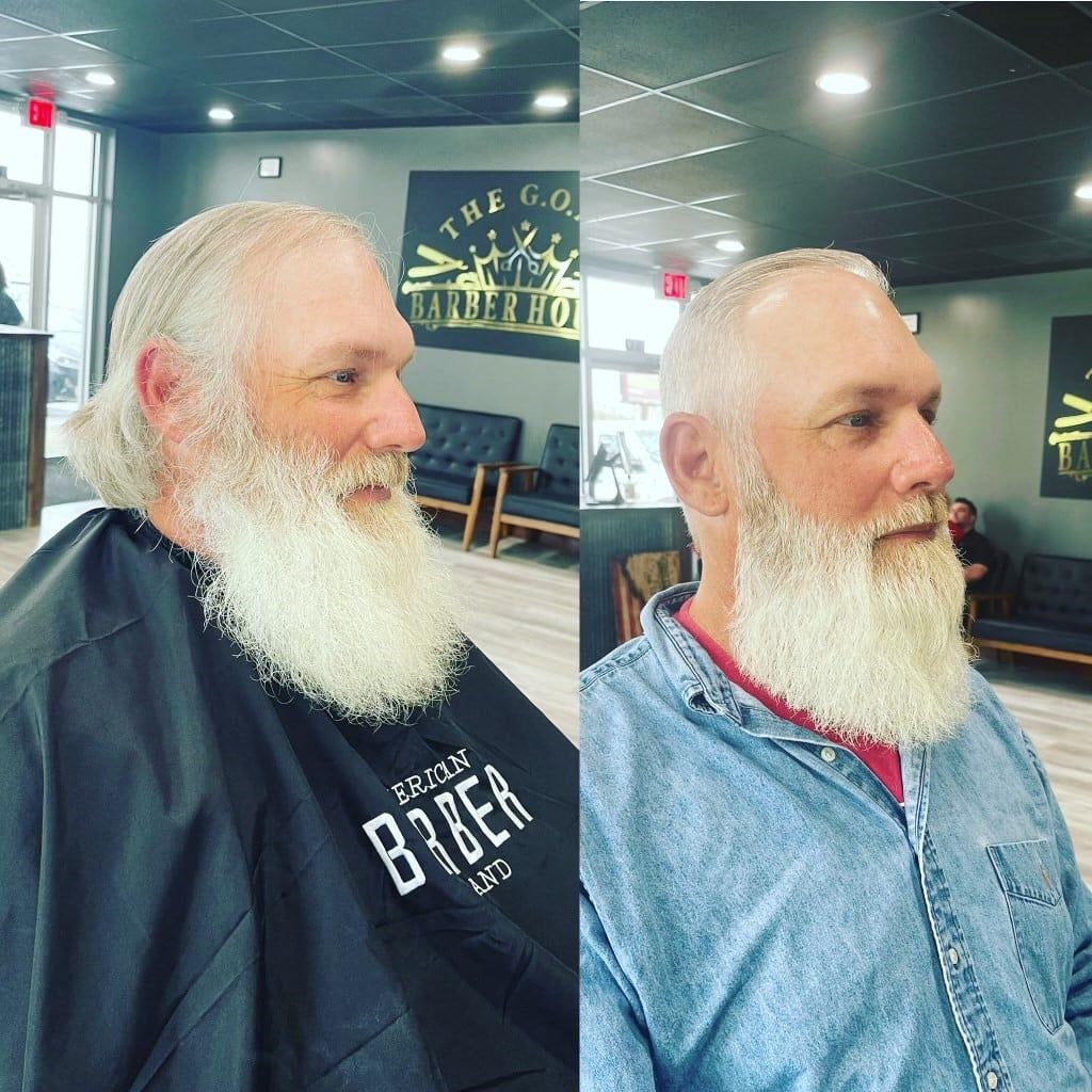 Before and after of man getting haircut — Wentzville, MO — The Goat Barber House