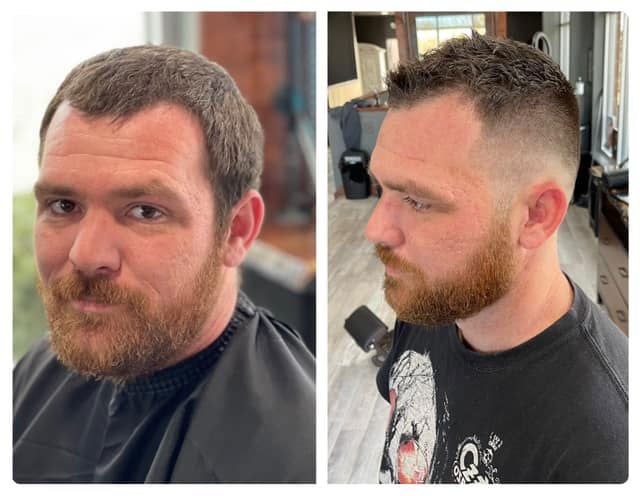 Before and after of man getting premium haircut — Wentzville, MO — The Goat Barber House