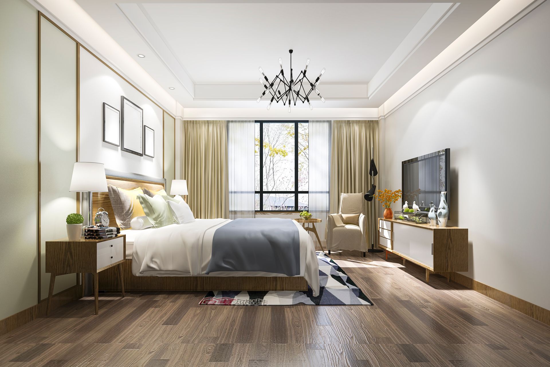 Modern bedroom with a bed, TV, and large window. Wooden floors and neutral color palette.