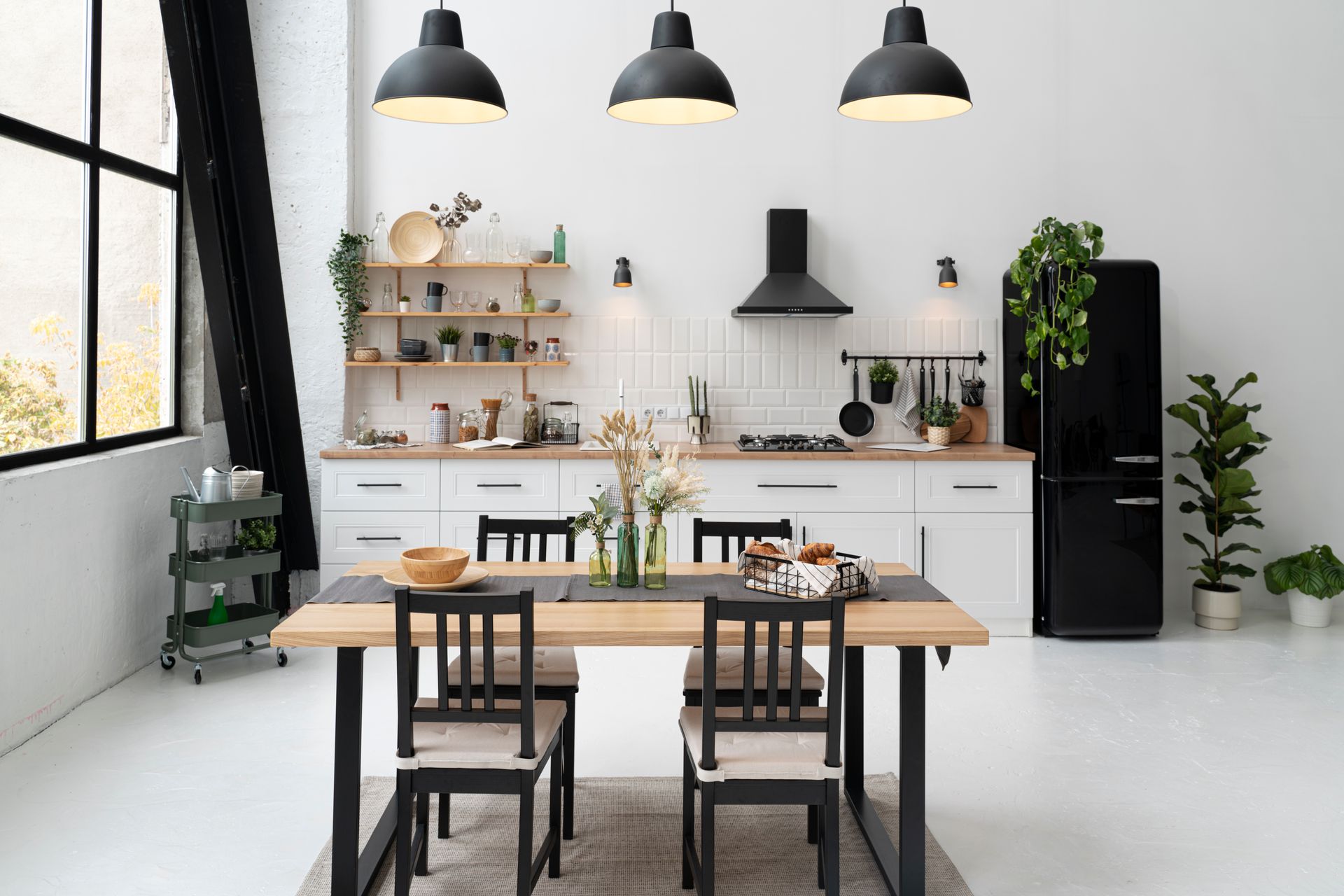 Modern kitchen with black accents: dining table, chairs, overhead lights, black refrigerator, white cabinets, plants.