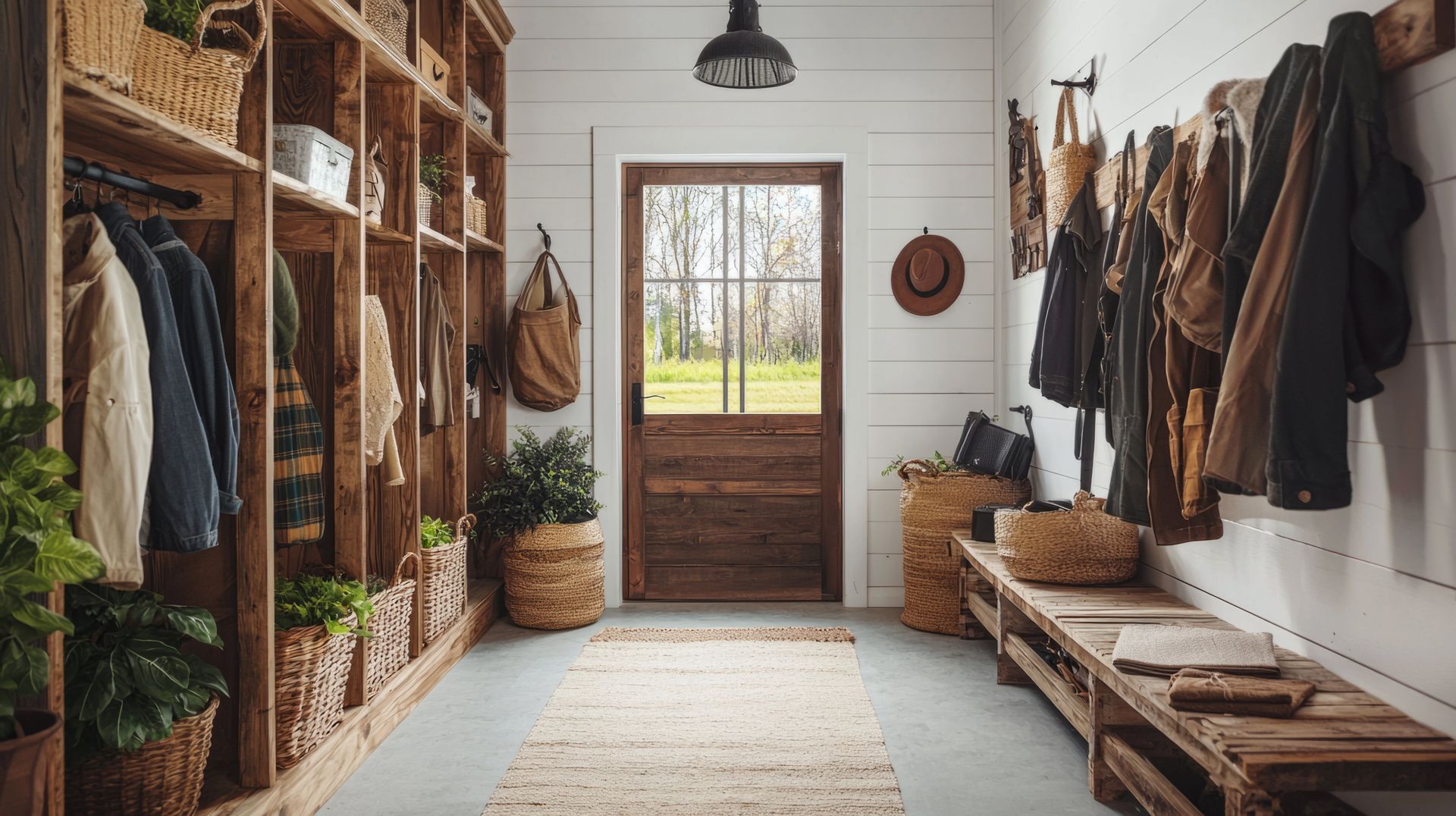 Rustic mudroom with wooden shelves, coats, and a bench; a door leads outside.