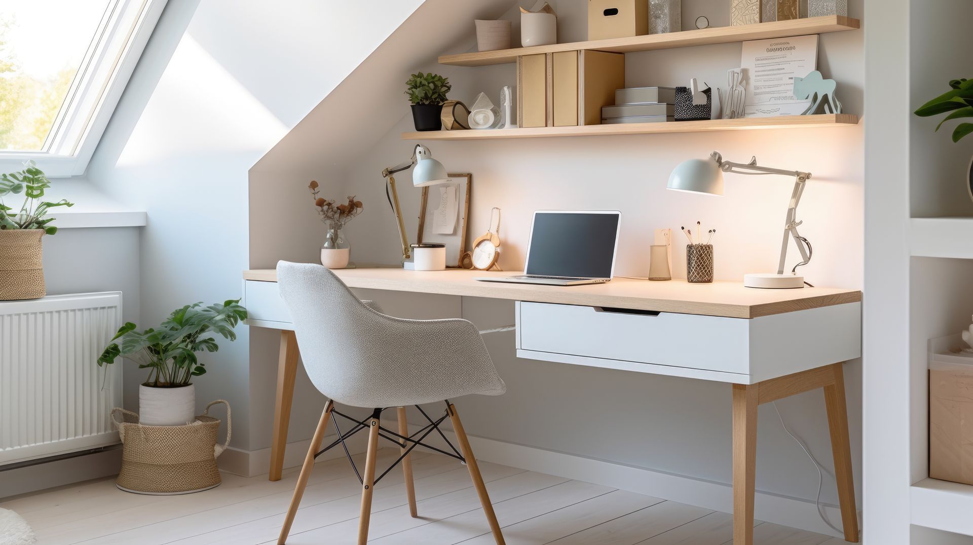 Cozy home office with desk, chair, laptop, and shelves against a slanted wall, natural light, and plants.