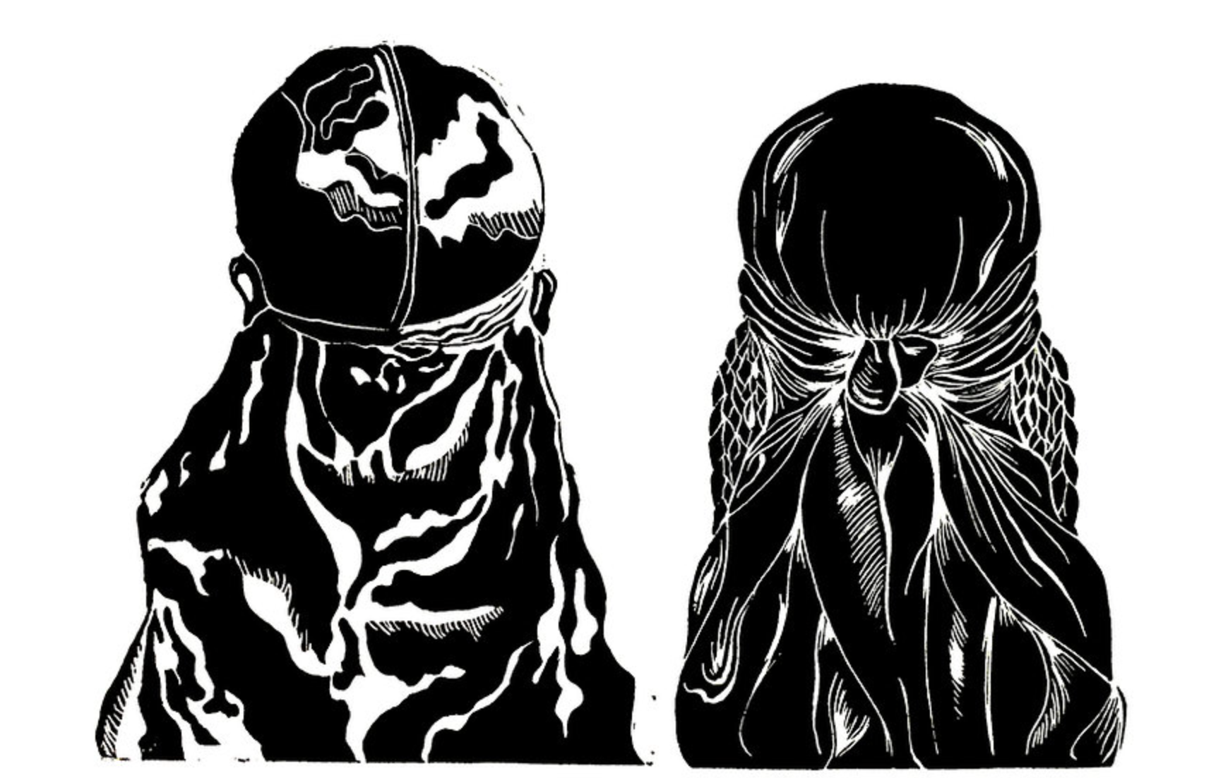 Two black-and-white drawings of people wearing durags, back view.
