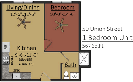 50 Union Street 1 Bedroom Floor Plan