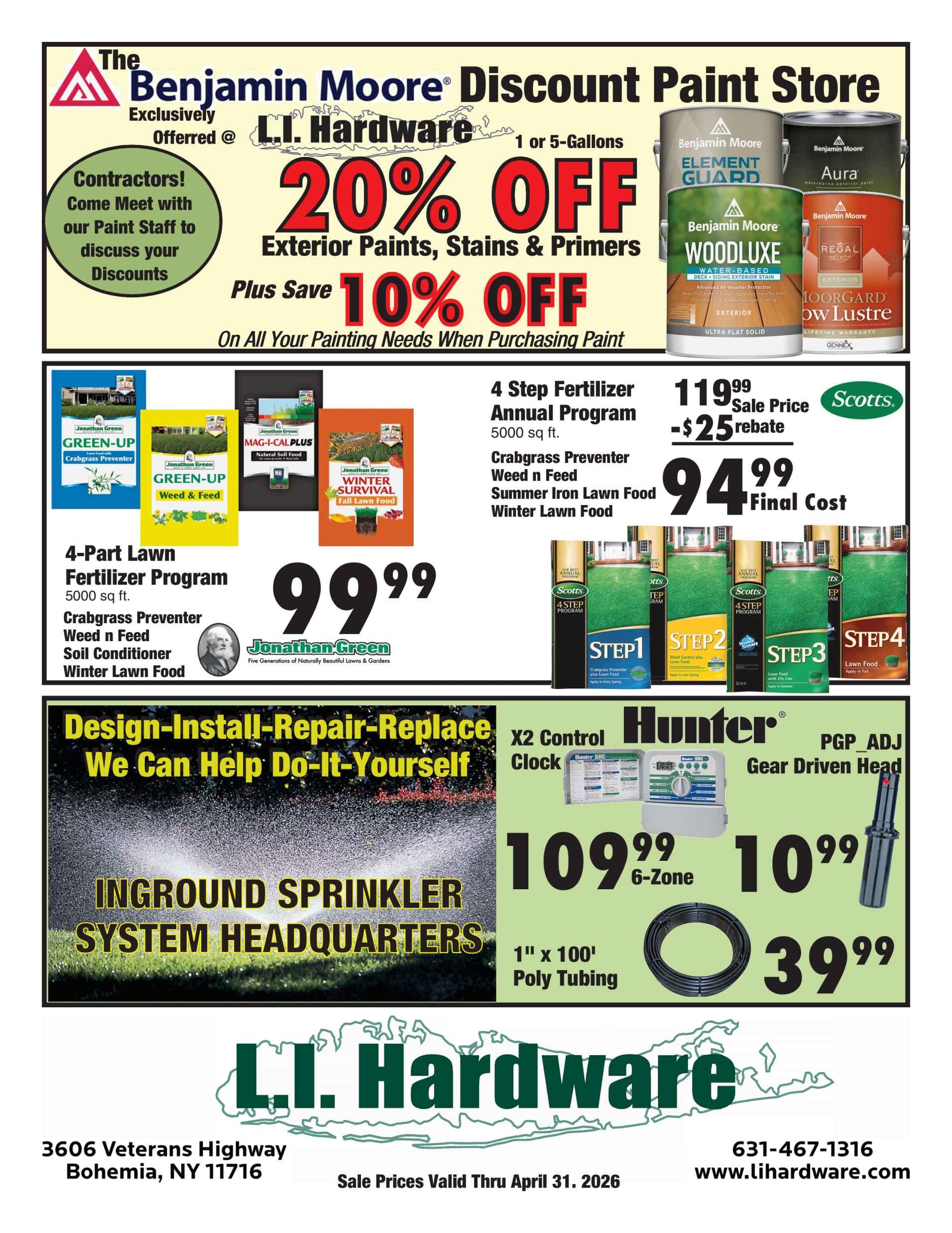 A flyer for L.I. Hardware featuring discounts on Benjamin Moore paint, lawn fertilizer programs, and irrigation supplies.