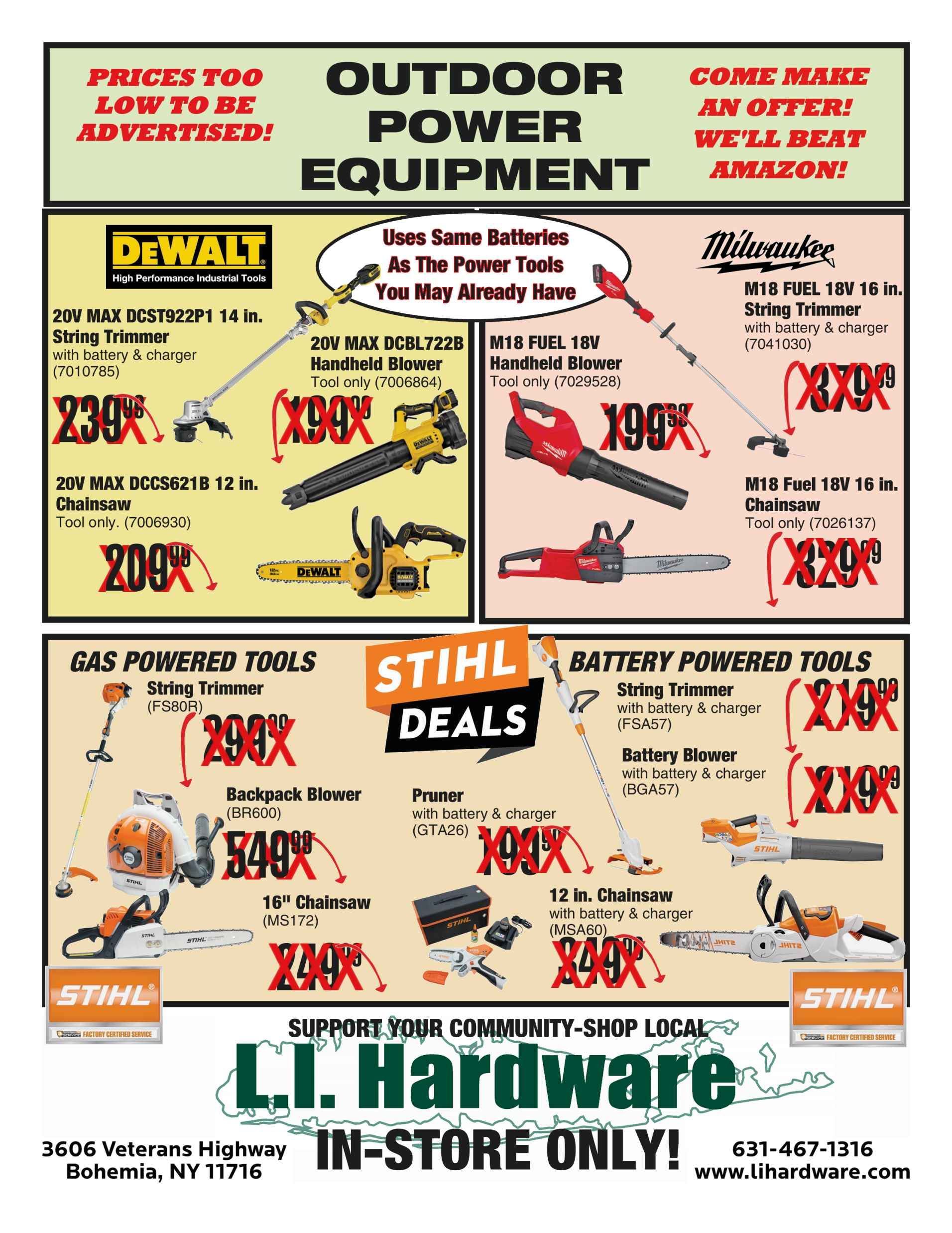 A promotional flyer for L.I. Hardware featuring discounted DeWalt, Milwaukee, and Stihl outdoor power equipment.