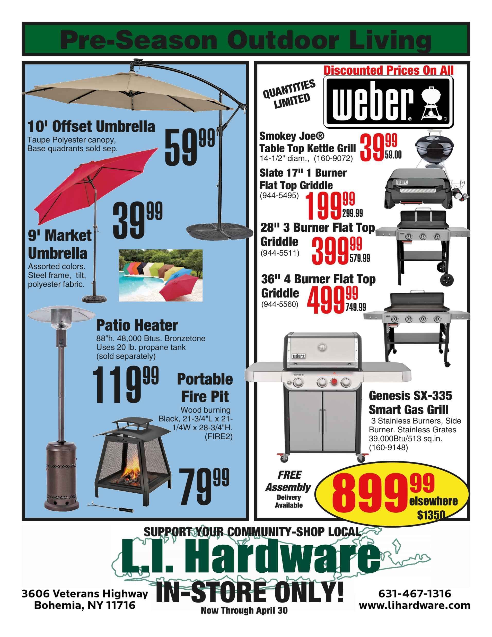 L.I. Hardware flyer featuring discounted patio umbrellas, heaters, fire pits, and Weber grills valid through April 30.