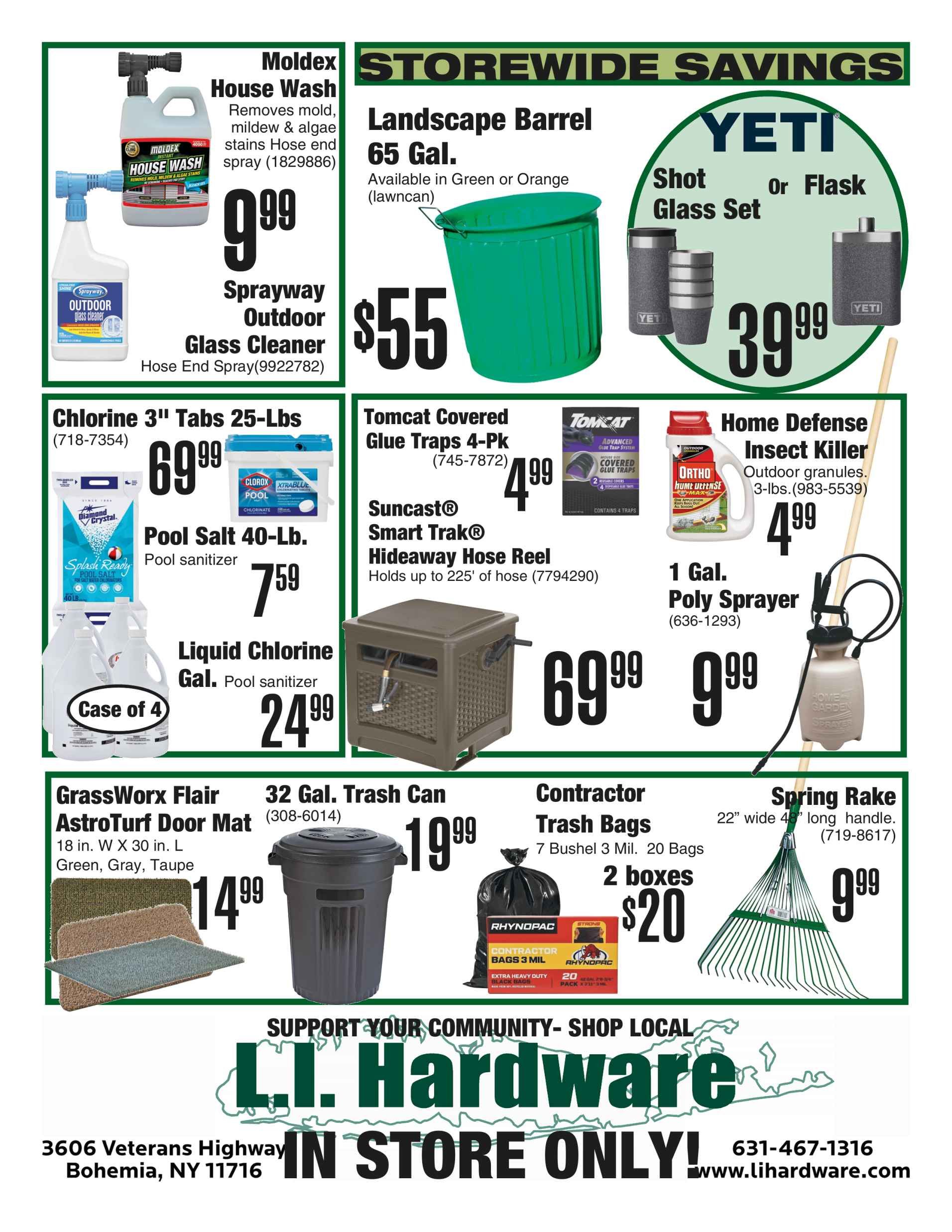 An L.I. Hardware store flyer featuring various home, garden, and pool supplies on sale with prices listed.