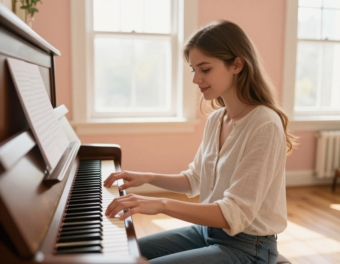 Beginner piano student at the piano