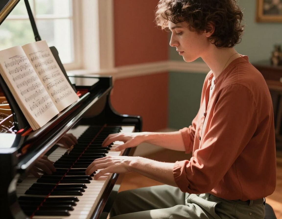 Intermediate piano student reading sheet music