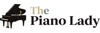 Logo reading “The Piano Lady” with a black grand piano icon and gold text.