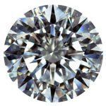 Round-cut diamond with many facets, reflecting light and appearing brilliant and sparkly