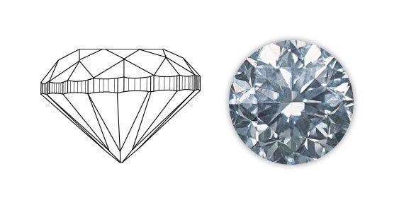 Diamond illustration and a close-up of a round, faceted diamond displaying light reflections Diamond illustration and a close-up of a round, faceted diamond displaying light reflections