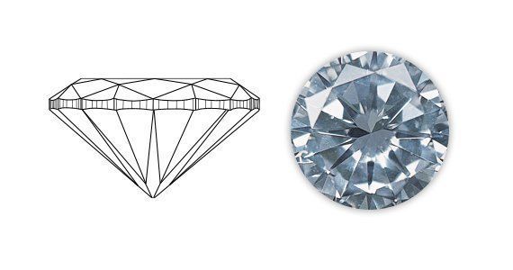 Side-view and top-down view of a round, light-blue diamond Side-view and top-down view of a round, light-blue diamond