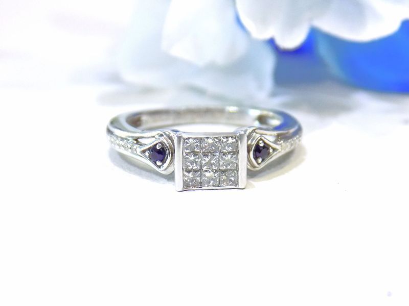 Silver ring with square diamond cluster and sapphire accents