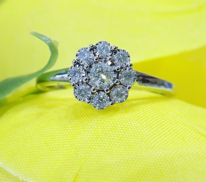 Diamond cluster ring on a yellow background