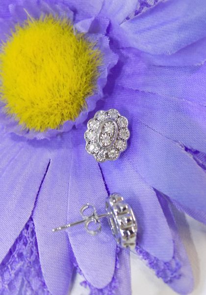 Diamond stud earrings on a purple flower