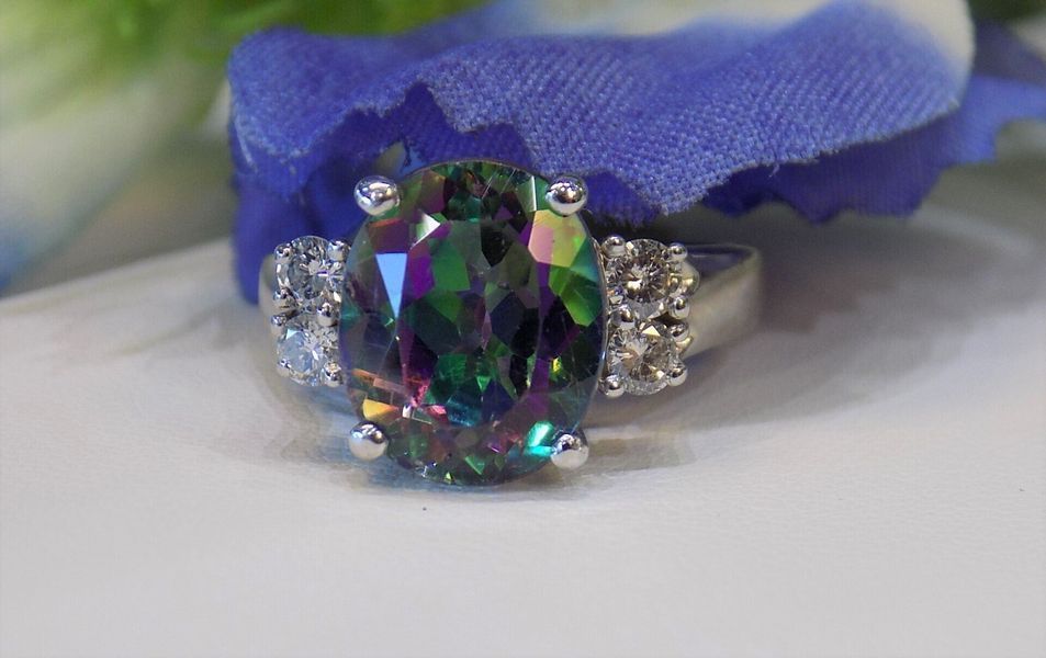 Oval mystic topaz ring with iridescent colors