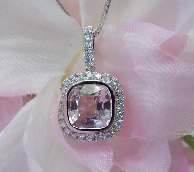 Pink gemstone pendant necklace, cushion-cut stone