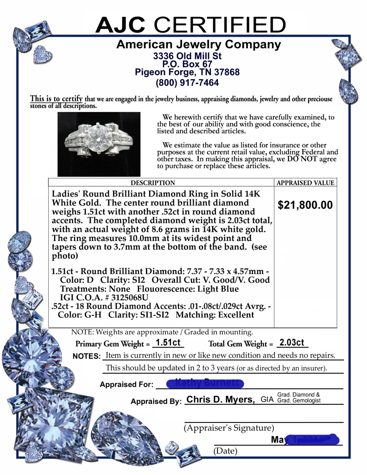 A jewelry appraisal certificate 