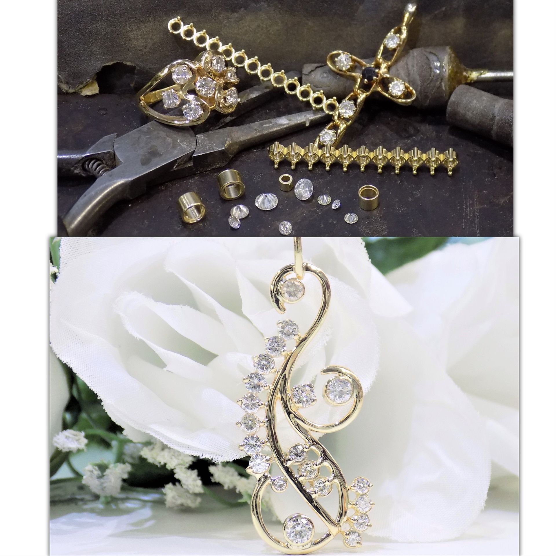 Gold ring and pendant with diamonds