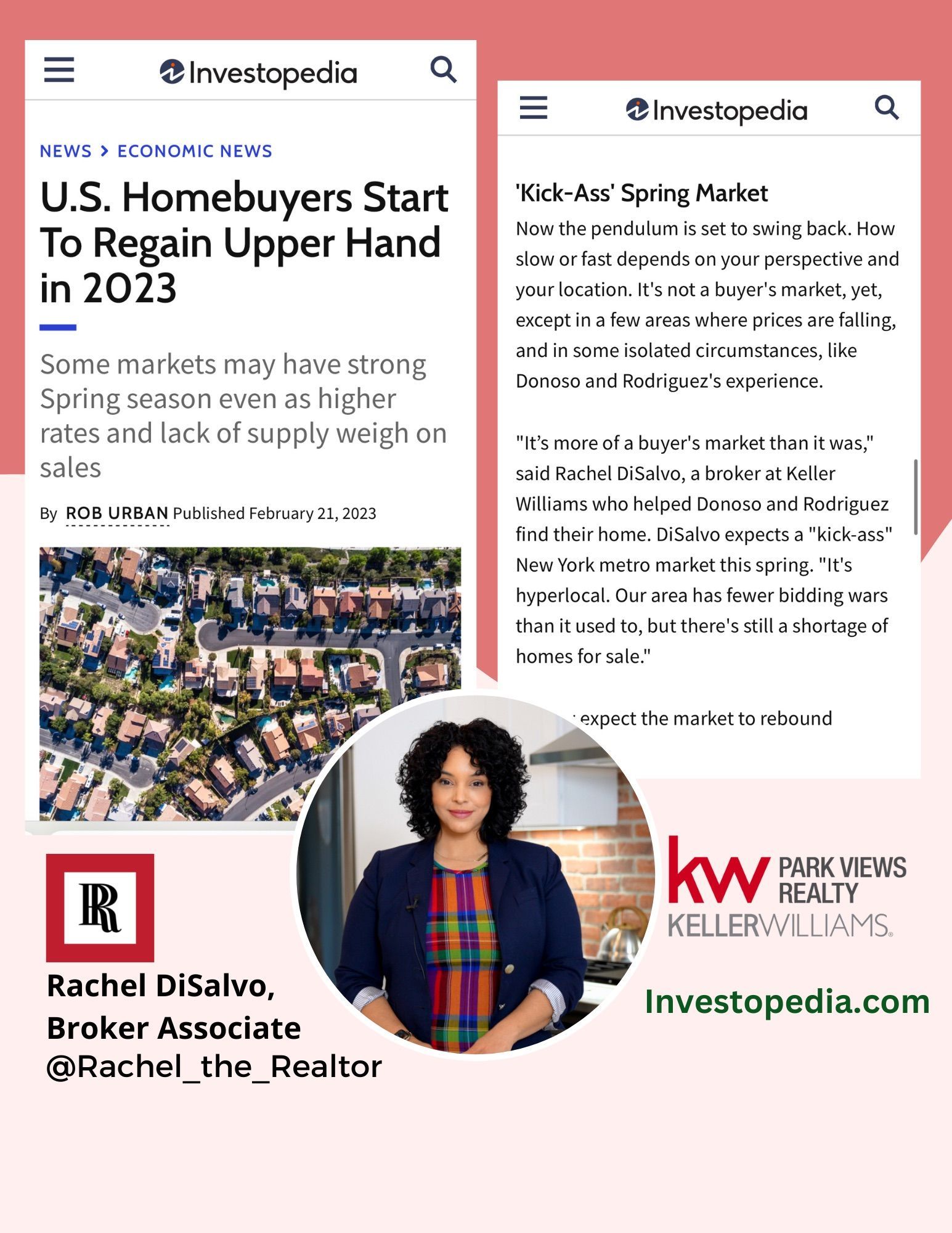 Real estate ad: article snippets, woman in blazer, Keller Williams logo.