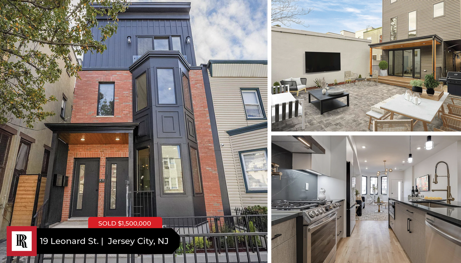 Exterior and interior photos of a modern multi-story townhouse in Jersey City, NJ, including a yard and kitchen.