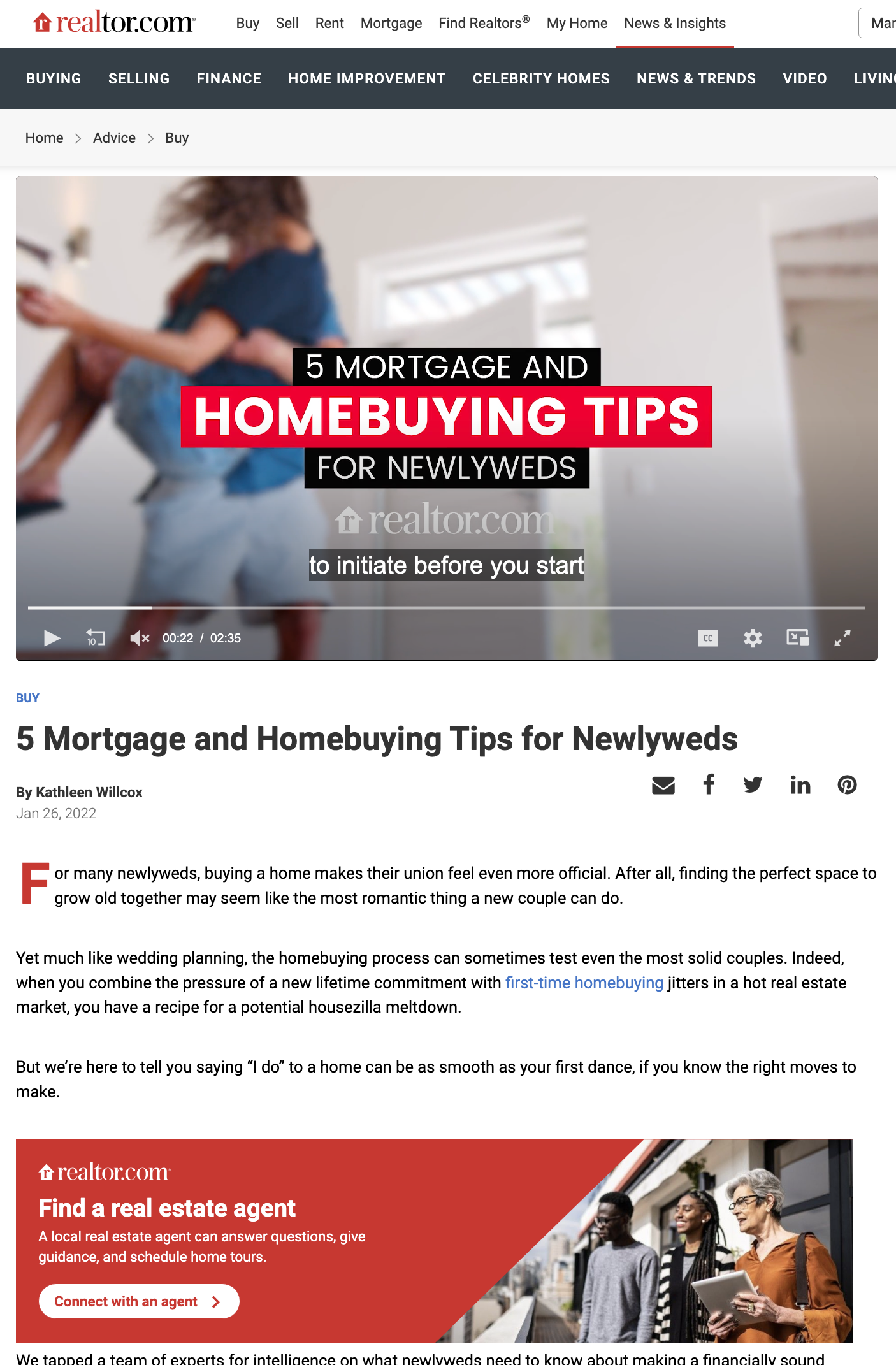 Article about homebuying tips, featuring a video with a woman dancing.