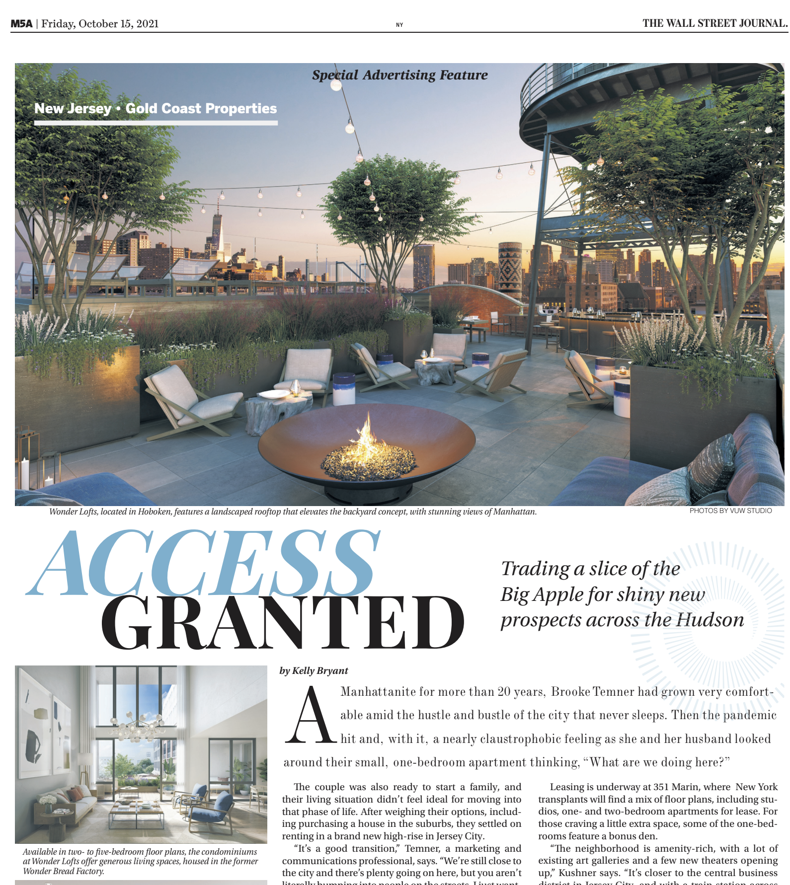 Rooftop lounge with fire pit, chairs, trees, city skyline. New Jersey condo ad.