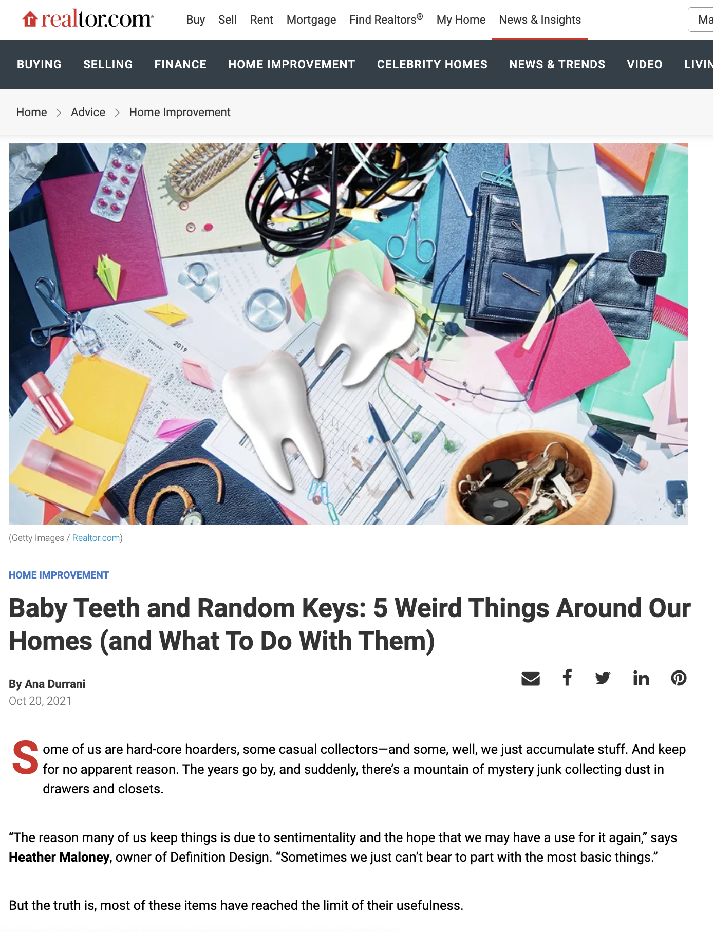Article about weird things in homes, with baby teeth and keys.