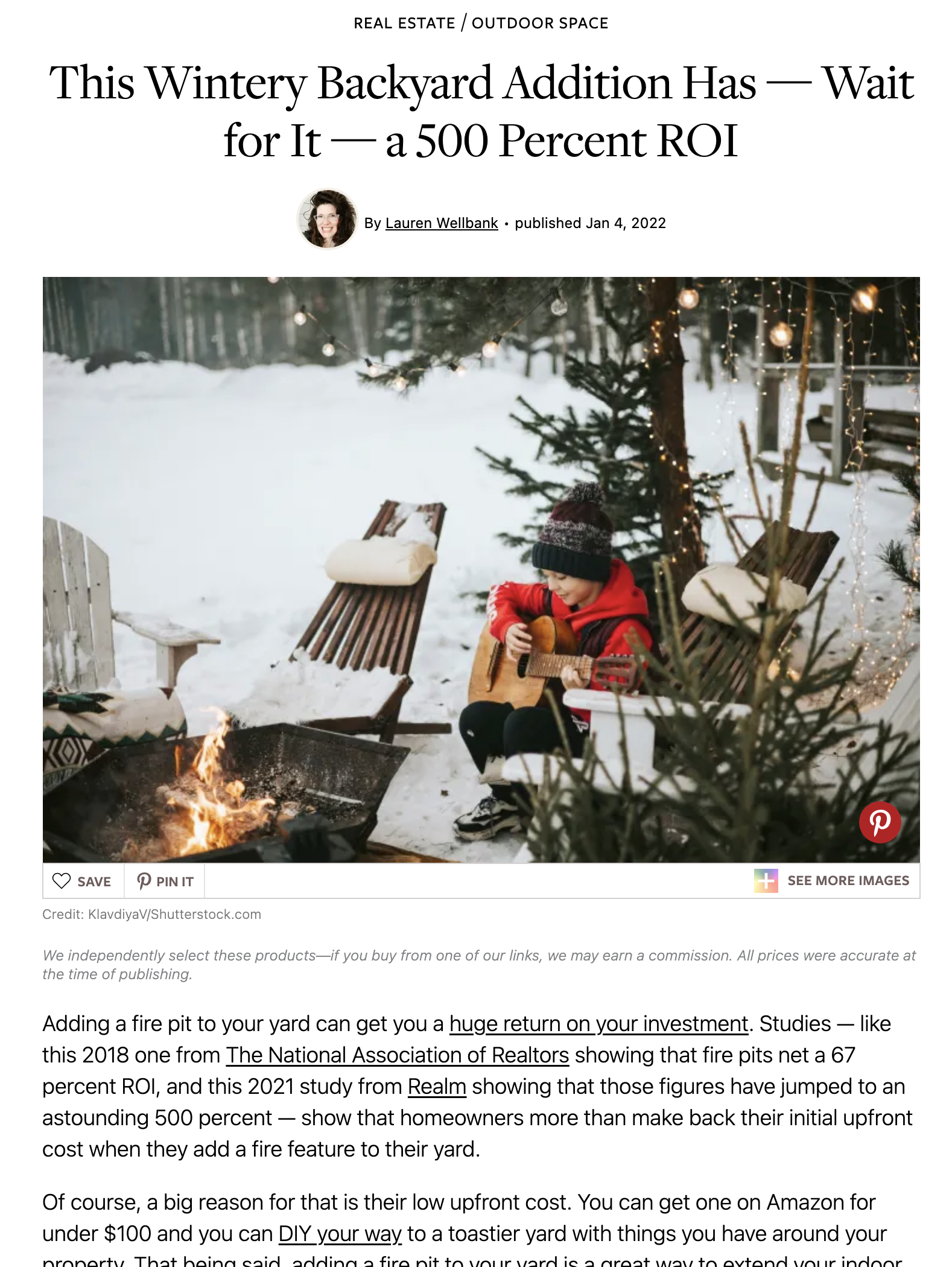 Child in red coat sits by a fire pit, next to snow-covered benches. Winter backyard setting.