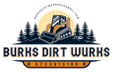 Logo for Burks Dirt Wuurks features a bulldozer, trees, and company name with a phone number.
