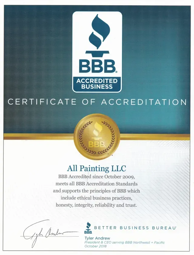 BBB Accredited Business certificate for All Painting LLC, teal and white with gold seal