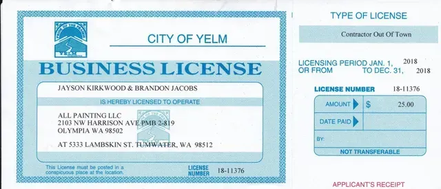 City of Yelm business license form with blue border and a small fee table on the right