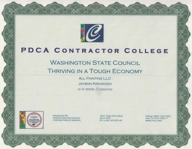 PDCA Contractor College certificate with green border and Washington State Council text
