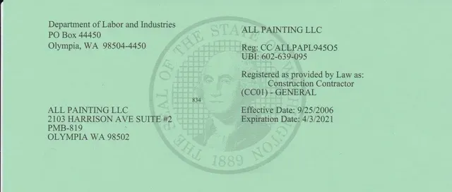 Green certificate document with embossed seal and text for All Painting LLC and Washington Labor & Industries