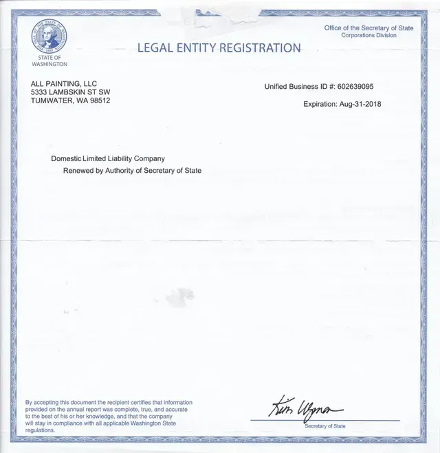 Light blue legal entity registration certificate for ALL-PLANNING, LLC, with state seal and signatures