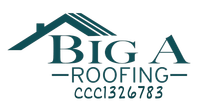 Logo for Big A Roofing, featuring a house graphic and company name, contact info below.