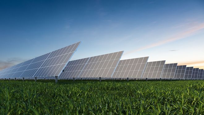 Pannelli solari in un campo di erba verde, sotto un cielo azzurro.