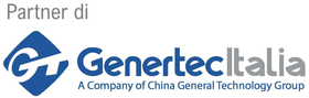 Logo di Genertec Italia, partner di. Logo e testo blu e bianco.