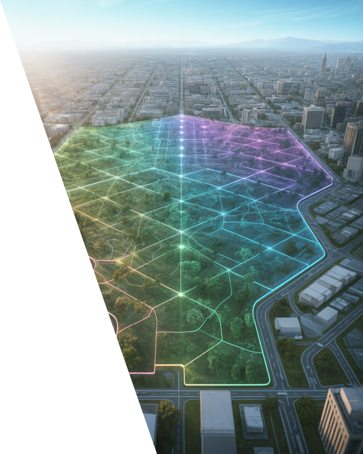 Aerial view of a city park, overlaid with a glowing rainbow network. Trees and buildings surround.