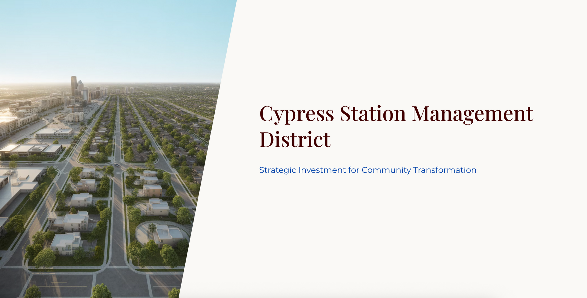 Aerial view of Cypress Station Management District with text overlay on a light background.