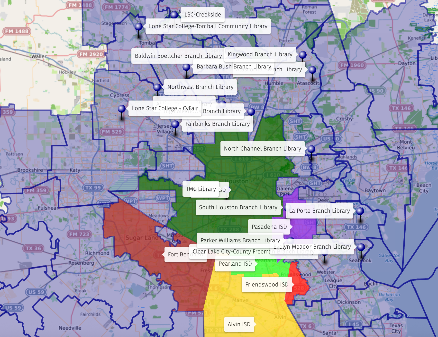 Map of libraries in various colored areas. Labels and pins indicate each library location.