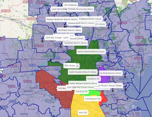 Map of libraries in various colored areas. Labels and pins indicate each library location.
