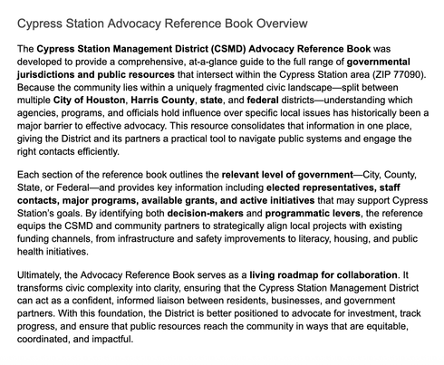 Overview of the Cypress Station Advocacy Reference Book, outlining its purpose and key sections.